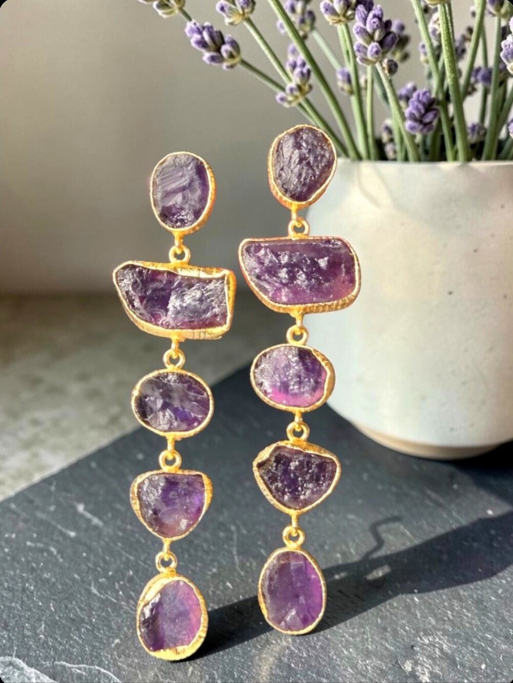 Divine 22k Gold Plated Natural Raw Amethyst Crystal Dangle Drop Earrings